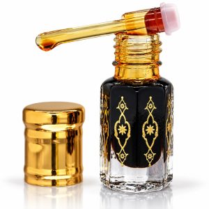 Flacon de musc noir original avec pipette et bouchon doré, parfum concentré en huile.