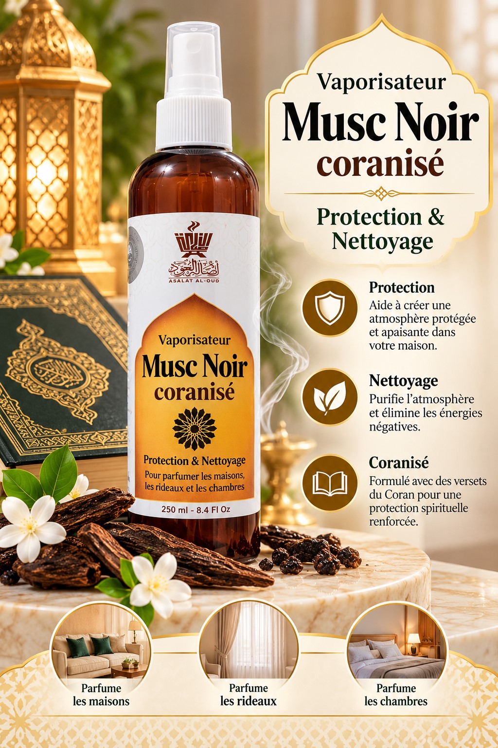 Vaporisateur Musc Noir coranisé Asalat Al-Oud 250 ml pour parfumer la maison, les rideaux et les chambres.