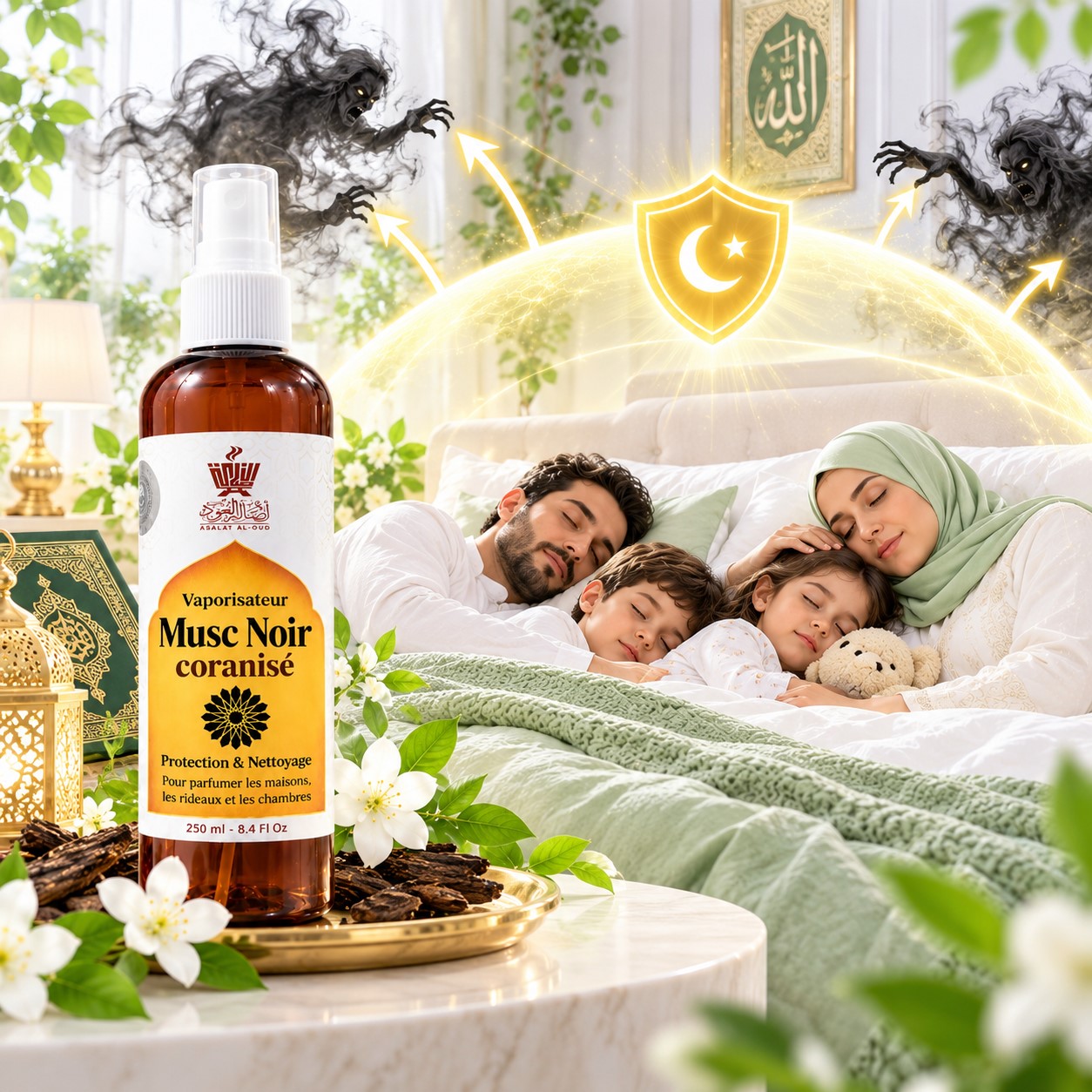 Vaporisateur Musc Noir coranisé Asalat Al-Oud 250 ml pour parfumer la maison, les rideaux et les chambres.